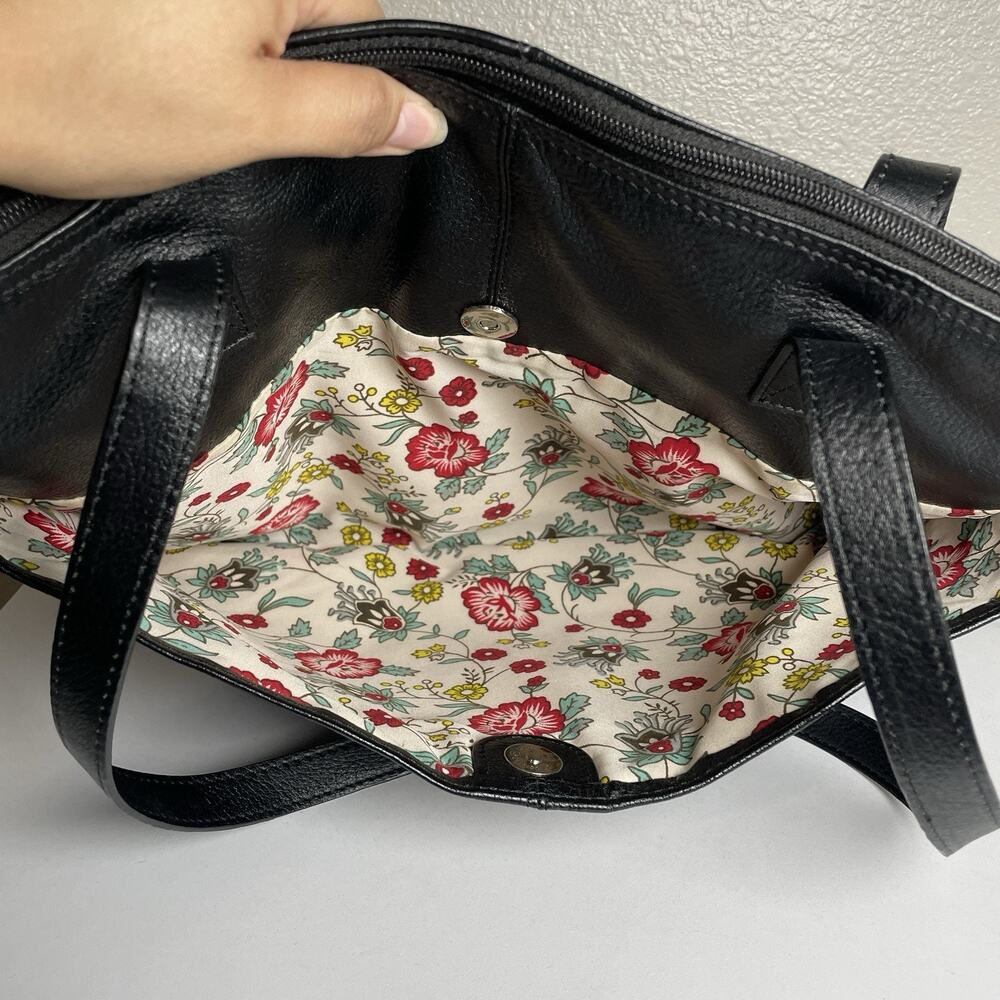 Latico Black Leather Tote Bag Zip Top Shoulder Purse Floral Lining 15"x11" - Picture 5 of 11